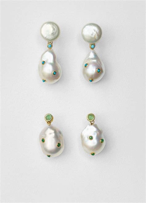 Baroque earrings in cultured pearls, turquoise and brass with